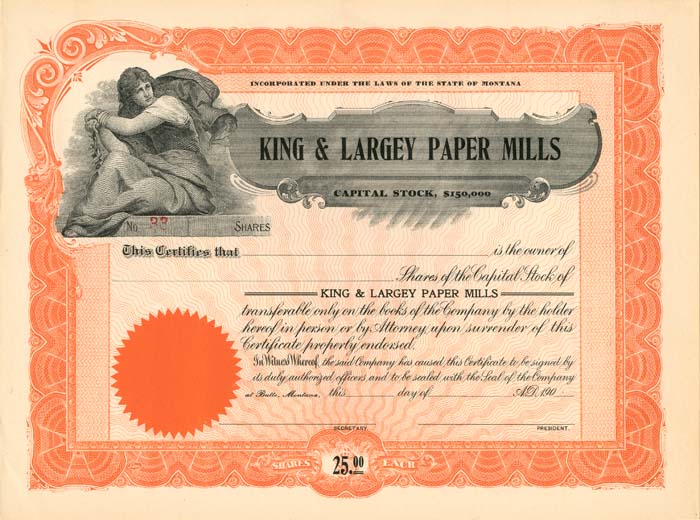 King and Largey Paper Mills - Unissued Butte, Montana Stock Certificate